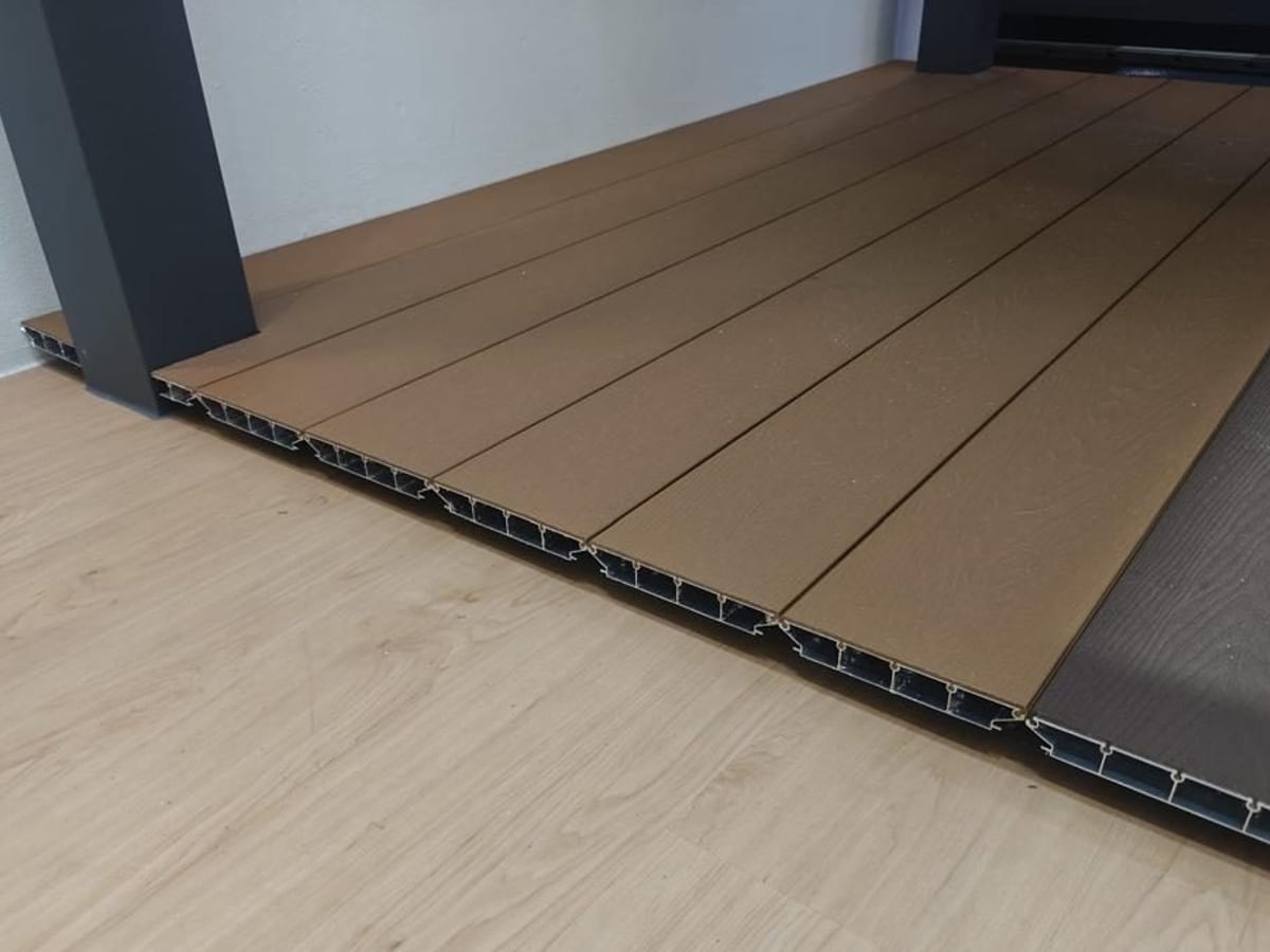 Aluminium decking boards with timber look finish on a Singapore balcony